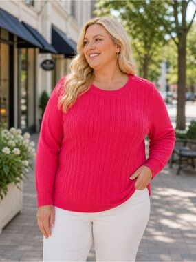 Talbots Melon Cable Knit Sweater Size 14W Classic Button Shoulder Crewneck Top